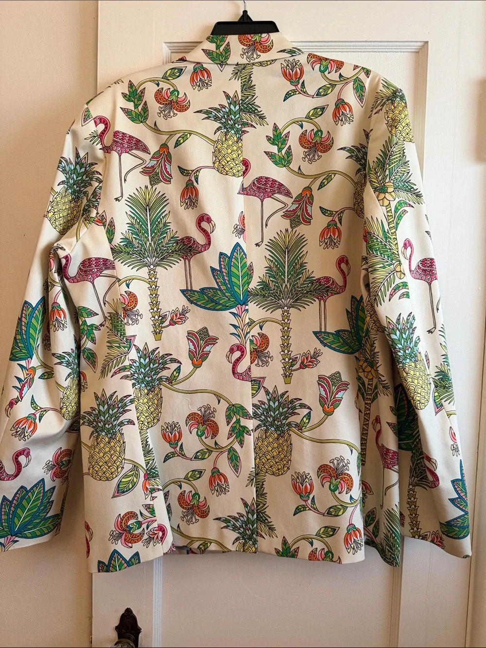 Cream Tropical Print Blazer Jacket with Pink & Green Accents